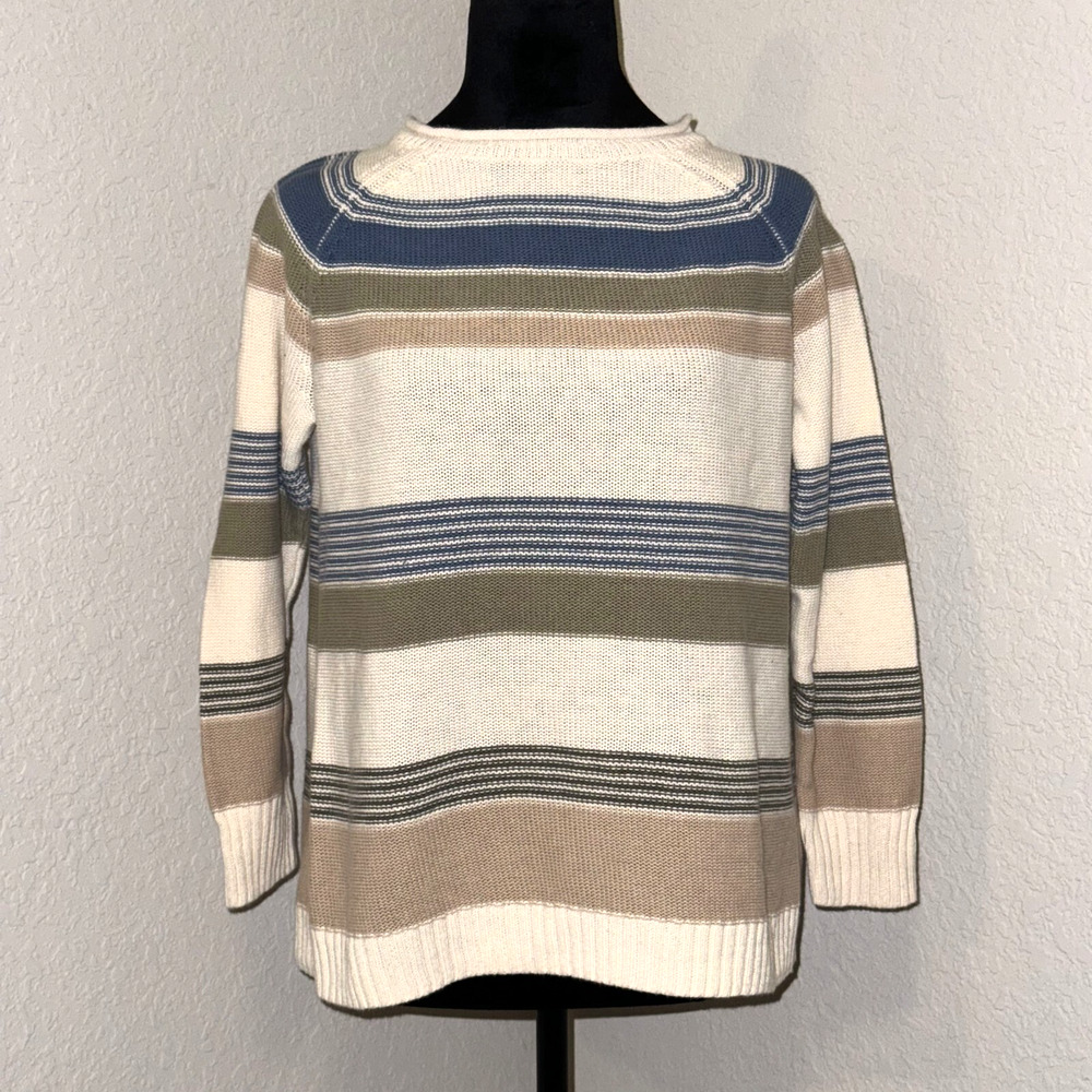 American Living Sweater Women's Large Beige Striped Linen‎ Long Sleeve Pullover